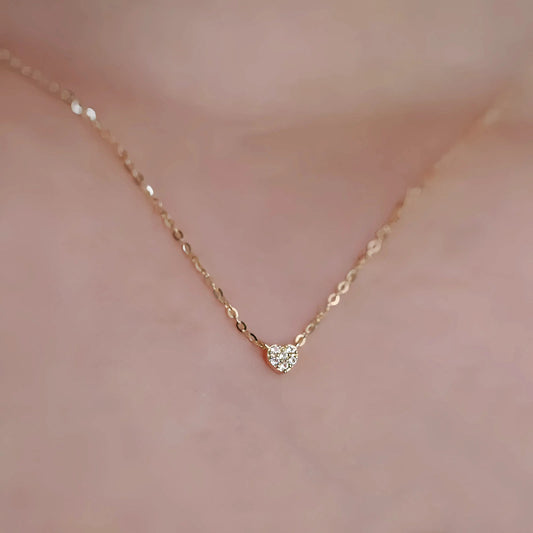 S925 pure silver plated with 14K gold mini heart necklace women's diamond studded peach heart extremely fine collarbone chain ﻿